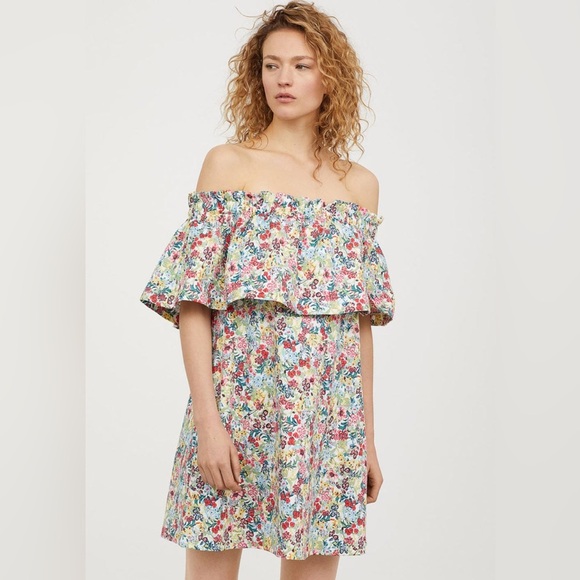 H&M Off The Shoulder Floral Print Dress Size S - Picture 1 of 13